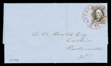 East Bennington, Vermont, beautifully struck vivid red May 30 datestamp ties 5c Red brown (1), large even margins all around, to 1849 folded letter with integral address leaf
to Proctorsville, Vermont, an extremely fine gem.