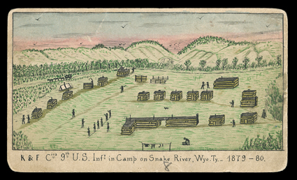 [Hand Painted Scenes of Camp on Snake River, Wyoming], Camp of K & F Companies, 9th U.S. Infantry on Snake River, Wyoming Territory, 1879-80, separate hand painted summer and
winter scenes on the back of 1c Black on buff postal cards (UX5) which