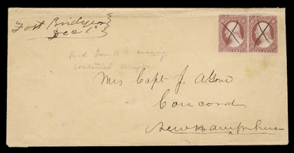 Fort Bridger, Wyoming, bold manuscript Fort BridgerDec 1 postmark while Utah Territory on legal-sized cover from Captain Jesse A. Grove to his wife in Concord, N.H. with
horizontal pair 3c Dull red (11), large margins to in at right, cancelle