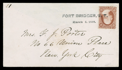 Fort Bridger, Wyoming, perfectly struck two line straightline FORT BRIDGER, U.T.March 1. 1858 postmark while Utah Territory tying 3c Dull red (26) to fresh cover to New York
addressed in the hand of General Fitz Porter, flap missing, otherwis