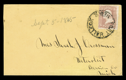 Fort Halleck, Nebraska Territory, mostly bold Fort Halleck, Neb. T. postmark while Nebraska Territory, present day Wyoming, ties 3c Rose (65) to buff cover to Watervleit,
Michigan, reduced at left, very fine.The Fort Halleck Post Office was es