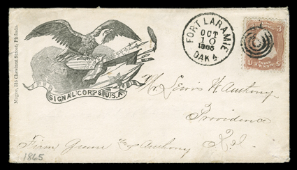 Fort Laramie, Daka., Oct 10, 1865, bold datestamp while Dakota Territory (now Wyoming), and matching target cancel tying well centered 3c Rose (65) to cover to Providence,
R.I. with eagle and shield Signal Corps U.S.A. patriotic design publish