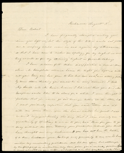 [Beautiful Squaws of the Rocky Mountains, Robert Campbell] Exceptional content autograph letter signed by Mary Campbell, his sister-in-law, Richmond, VA, August 3, 1831. She
writes Campbell in St. Louis, telling him his brother, Hugh:left me l