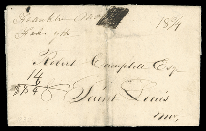 [Campbell, Robert] A most curious autograph letter signed by James L. Dobbin to Campbell, Franklin, Missouri, February 5, 1832. He writes that there are no mules: Capn.
Bonnneville, perhaps Robideaux, having purchased all except Six, that S. R