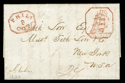 [Full Rigged Ship illustrated postmark] fresh folded letter with integral address leaf datelined Canton (China) April 16, 1834 to New York endorsed Globe, entered the mails
with octagonal Phila6Oct datestamp and manuscript 24 rate, plus