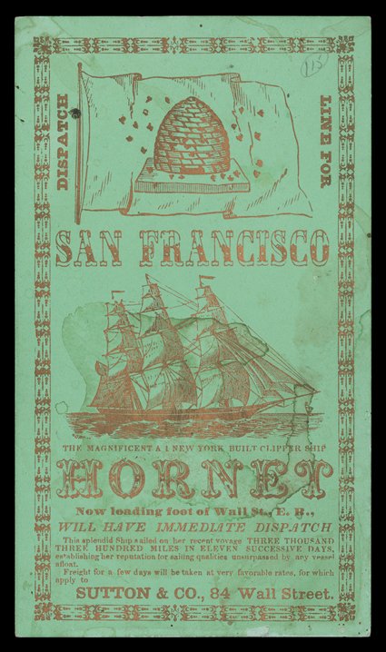 Clipper ship trade cards, four cards, three multicolored including two for Colemans California Line for San Francisco, Carrier Dove and Gov. Morton, and one Merchants Express
Line of Clipper Ships for Merchant, the fourth a smaller gold on