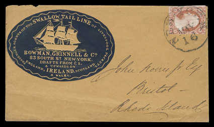 Clipper ship illustrated advertising covers, three buff covers with clipper ship illustrated advertisements franked with 3c Dull red (11) tied by New York datestamps, one for
the Swallow Tail Line in blue, one for Jarvis Johnson in blue and one