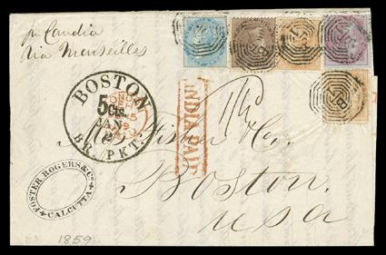 Candia, 8 December, 1859 folded letter with integral address leaf to Boston endorsed pr Candia, Via Marseilles with India 1855-64 ½a Blue (11), 1a Brown (12), two 2a Buff (15)
and 8a Rose on blue (10) tied by five strikes of octagonal 