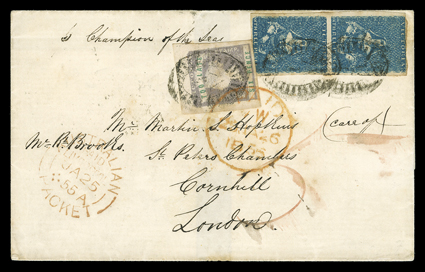 Champion of the Seas, vertical pair Victoria 1850 3d Blue, Ty. I (3, S.G. 11a, bottom stamp light crease), margins nearly all around, tied along with 1855 6d Lilac and green
Late Fee (I1, S.G. 33), large to huge margins, tied to cover to
