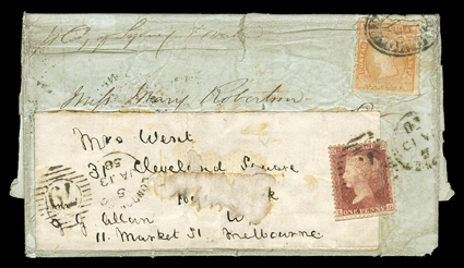 City of Sydney, Victoria 1857 6d Orange rouletted tied to Aborigines of Victoria illustrated letterhead folded letter with integral address leaf to London endorsed City of
Sydney & Overland, backstamped Melbourne, VictoriaNo 16, 1857,