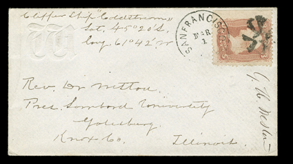 Coldstream, small cover endorsed Clipper Ship Coldstream, Lat. 45 20 S, Long 61 42 W off the tip of Argentina, entered the mails to Galesburg, Illinois with left margin 3c
Rose grilled (88, corner crease) tied by San Francisco, Cal.M