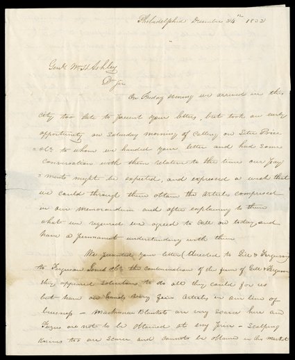 Campbell, Robert and William L. Sublette, Great combination Letter Signed by Robert Campbell and William Sublette, Philadelphia, December 24, 1832. The partners are in
Philadelphia to outfit for providing supplies to the fur trappers of the Rocky