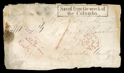 [Wreck of the Colombo], cover with bold boxed Saved from the wreck ofthe Colombo handstamp to St. Marys, Canada West, originated with Deep Lead Pleasant Creek, VictoriaOct 23,
1862 backstamp, sent via London with red London, P
