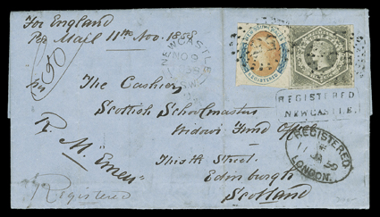 Emeu, New South Wales 1854 6d Grey (29) and 1856 (6d) Orange and blue Registration (F1), mostly large margins to just touching at top, tied by 55 in dotted circle to 8
November, 1858 registered folded letter with integral address leaf to