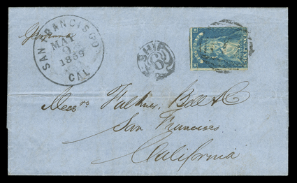 Georgiana, Victoria 1858 6d Blue (30, cut at left), tied by 1 in barred oval to 16 February, 1859 folded letter with integral address leaf to San Francisco endorsed Georgiana,
Melbourne?Fe 16, 59 backstamp, San Francisco, CalMay 9, 1