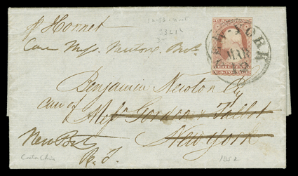 Hornet, folded letter with integral address leaf datelined Canton (China) 11 Jan 1852, entered with mails at New York with 6 in circle ship rate handstamp, remailed to
Newport, R.I. with 3c Dull red (11 affixed over the rate handstamp an