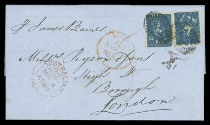 James Baines, a Black Ball Line fast clipper packet, two singles Victoria 1850 3d Blue, Ty. I (3, S.G. 11a), both with margins all around, tied to folded letter with integral
address leaf to London, originated with rimless Geelong, Victori