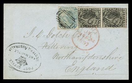 European and Australian Line, James Baines, Western Australia horizontal pair 1854 1d Black (1), huge margins to touching and 4d Blue (3), large margins to touching at right,
tied by barred ovals to cover to England, crowned oval Post OfficeF