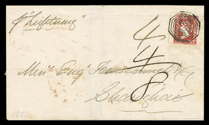 Lightning, folded cover to Shanghai, China endorsed pr Lightning with India 1854 1a Red (4), clear to huge margins, tied by octagonal B1 killer, Hong Kong transit backstamp,
rated 8d due on arrival, docketed as having been written 19 Ja