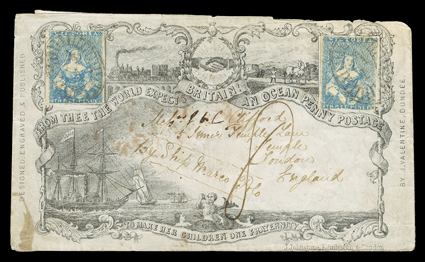Marco Polo, two Victoria 1850 3d Light blue, Ty. II (3a, S.G. 7), tied to J. Valentine allover Ocean Penny Postage propaganda cover to London endorsed By Ship Marco Polo, red
oval Ship Letter MelbourneOc 9, 1852 backstamp and red Lond
