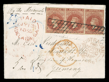 Marco Polo, South Australia horizontal strip of three 1855 2d Dull carmine (2), ample to huge margins all around, tied by grid to 9 July, 1855 folded letter with integral
address leaf to Neustadt, Germany and endorsed By the Marcopolo, red