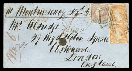 Montmorency, two Victoria 1854 6d Dull orange (17, S.G. 32a) and 1854 1- Rose and blue Registration (F1, S.G. 34), huge margins to clear at top, tied to registered cover to
London endorsed Montmorency, backstamped Melbourne, VictoriaO