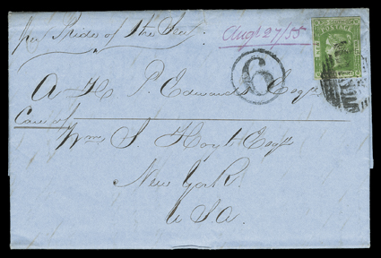 Pride of the Sea, New South Wales 1852 3d Yellow green (17d), clear to large margins, tied by grid to 27th August, 1855 folded letter with integral address leaf to New York,
endorsed Pr Pride of the Sea, Sydney, N.S.W.Sr 1, 1855 backsta