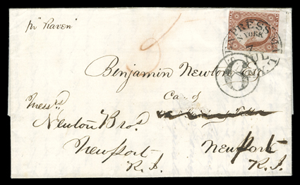 Raven, folded letter with integral address leaf to Newport, R.I. datelined at Canton (China), 21st March, 1852 and endorsed pr Raven, entered the mails with 6 in circle ship
rate handstamp and remailed with 3c Dull red (11) tied by U.