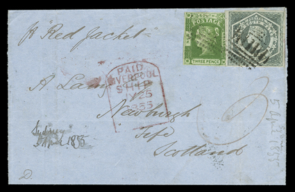 Red Jacket, New South Wales 1852 3d Yellow green (17d) and 1854 6d Grey (29), large margins, tied by grid to folded cover from Sydney to Newburg, Scotland and endorsed pr Red
Jacket, crowned SydneyNew South WalesAp 17, 1855 backstamp,
