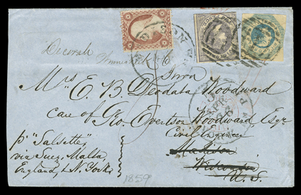 Salsette, Victoria 1854 1- Blue (18, S.G. 25) and 1857-61 2d Lilac laid paper rouletted (47, S.G. 70) tied to cover to Madison, Wisconsin endorsed p Salsette, via Suez, Malta,
England and New York, backstamped MelbourneFe 15, 59, ar