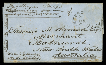 [Wreck of the Schomberg], October 2nd 1855 folded letter with integral address leaf to Bathurst, New South Wales carried on the historic and tragic maiden voyage of the
Schomberg and endorsed Per Clipper Ship, Schomberg from, Liv
