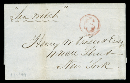 Sea Witch, two historical folded letters with integral address leaves with Sea Witch directive, one datelined Boston, Decr 16, 1846 and carried on her maiden voyage to Canton,
China on 23 December, 1846 under the command of Captain R.H. W