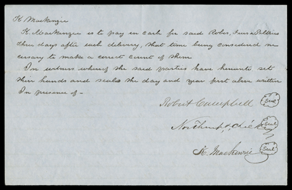 [Campbell and McKenzie] Manuscript document signed by Robert Campbell, and K. Mackenzie, March 19, 1856. Articles of agreement between Campbell and Northrup & Chick on the one
hand and Kenneth McKenzie, who has: purchased of Northrup & Chi