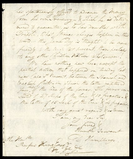 [US Navy, Barbary Wars], Great content Autograph Letter Signed D. Humphreys as US minister to Spain, 3 pages, 4to, Lisbon, February 20, 1797. His retained copy of a letter to
the US minister to Great Britain, Rufus King, to whom he writes of gr