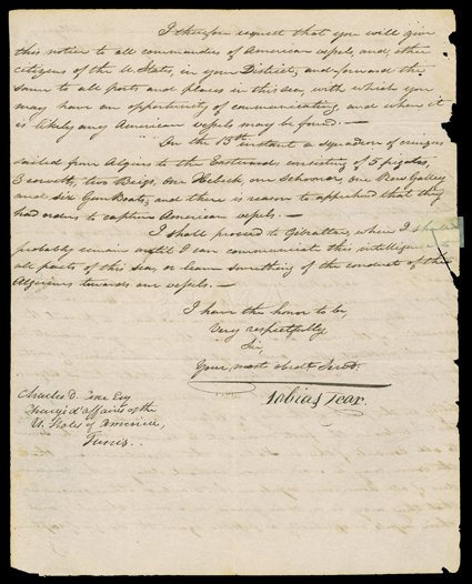 [US Navy, Barbary Wars], Two letters signed, 1812 and 1815, regarding troubles along the north African coast, where piracy plagued American and European shipping. The first,
signed by US consul Tobias Lear is a manuscript circular letter from a