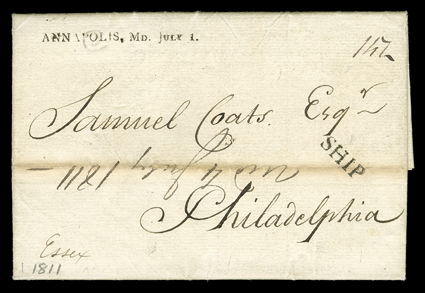 [U.S.S. Essex], folded letter with integral address leaf datelined Paris (France) April 5th 1811 and endorsed Essex, entered the mails with well struck straightline ANNAPOLIS,
Md july 1. postmark, matching SHIP handstamp and 