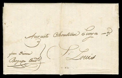 [Mail by Canoe to Auguste Choteau] Letter written to Chouteau by Frederick Oliva on behalf of the Mackinac Company, Michilimackinac, (Northwest Territory now in Michigan)
August 23, 1809. He writes in French that:The packs you sent have all b