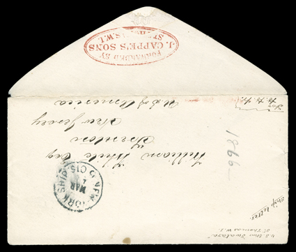 [USS Swatara], Forwarded byJ. Cappes SonsSt. Thomas W.I., red double oval handstamp on cover to New Jersey, endorsed U.S. Stmr SwataraSt. Thomas W.I. and Ship letter, entered
the mails with New York Ship5 Cts.Mar 1 datestamp, very f