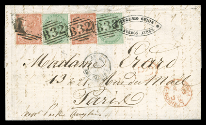 [British Postal Agency in Buenos Aires] two each of Great Britain 1856 1- (28) and 1862 4p Vermilion (34) tied by B32 postmarks on 1863 folded cover to Paris, one 1- stamp
additionally tied by merchants oval handstamp, on reverse is Bueno