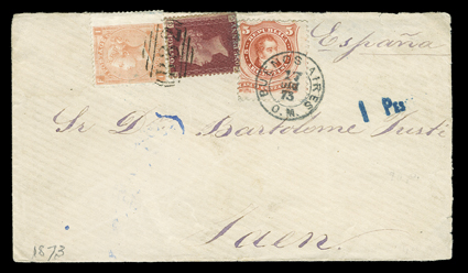 [Great Britain + Argentina mixed franking] 1873 cover to France, Great Britain 1864 1p Red (33, plate 162) and 1865 4p Vermilion (43, plate 13) tied by B32 postmark, the 1c
overlaps Argentina 1867 5c Vermilion (20) which is tied by Buenos A