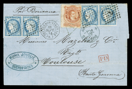 [France + Argentina mixed franking] 1874 folded letter to Toulouse, France with two pairs of France 1871 25c Blue (58) used in combination with Argentina 1867 5c Vermilion 20)
all tied by anchor in dots cancellations, Argentina stamp also tied