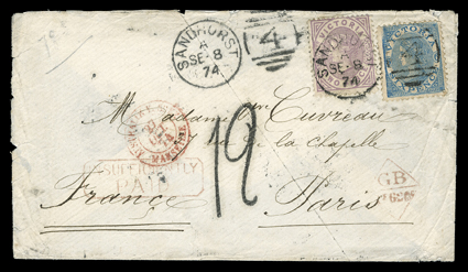 [A Frenchman visits the Outback], Victoria 1873 2d Violet (135) and 1867 6d Blue (116) tied by SandhurstSe 9, 74 duplex postmark to cover to Pairs, with hand illustrated
enclosure partially colored, showing a typical house with side details