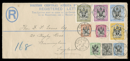[British Central Africa] 1896 1d to $1 on cover, the complete set of nine values (Scott 32-40) tied by eight strikes of Chinde, B.C.A.Ap 26, 97 datestamps to fresh legal sized
registered cover to Birmingham, England, extremely fine and colorf