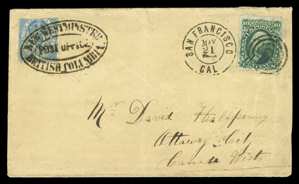 New Westminster, British Columbia, Post Office, boldly struck double oval postmark tying British Columbia 1865 3d Blue (7, damaged) to buff cover to Ottaway City, Canada West,
originated with double oval General Post Office, British ColumbiaMa