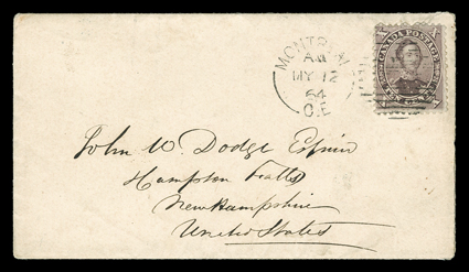 [Hudsons Bay Co., Cartwright, Labrador], cover with original letter from Donald Smith datelined Cartwright Labrador 5th Nov. 1863, entered the mails to Hampton Falls, N.H.
with Canada 1859 10c Brown (17b) tied by Montreal, C.E.My 12, 64 d