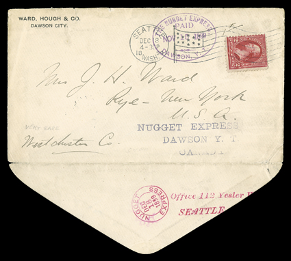The Nugget Express, Dawson, Y.T., Paid, Nov 15, 1899, violet oval handstamped Yukon Territory frank on cover to Rye, N.Y. with 2c Red (279B) with additional straightline
Nugget ExpressDawson Y.T.Canada handstamp and magenta double circle Nu