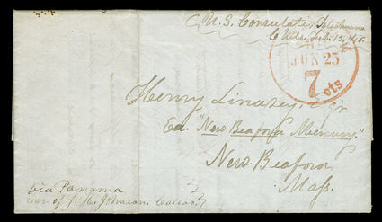 [American Whalers, U.S. Consulate Talcahuano, Chile], two folded letters with integral address leaves to New Bedford, Mass. from William Crosby, first datelined Feb 15, 1848
with Via Panama, Care of J.H. Johnson, Callao directive and carried