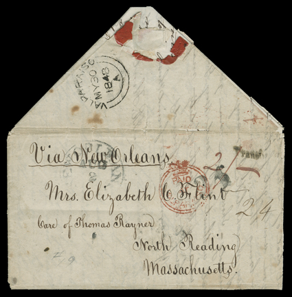 [British mail from Chile to New Orleans via Panama and Jamaica], folded letter to North Reading, Mass. datelined Valparaiso, May 29, 1848 with nicely struck red crowned circle
Paid at Valparaiso, split circle ValparaisoMy 30, 1848 backstam