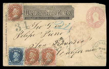 1868 Wells Fargo franked cover from Chile to San Francisco, with single and pair of Chile 1867 5c Red (17) and single 10c Blue (18) tied by Cancelled in grid postmarks on U.S.
3c Pink entire with Wells Fargo frank, red Concepcion Chile23 Di