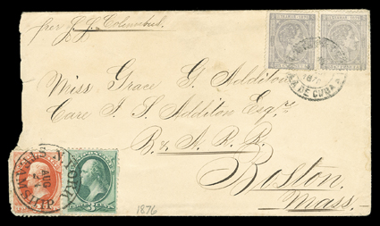 [Cuba + United States Mixed Franking] two Cuba 1876 25c Gray (68) tied by 1876 datestamp cancel, along with United States 2c Vermilion and 3c Green (178, 158) tied by N. York
Steamship Aug 24 datestamp on cover to Boston, ms. per L.L. Colum